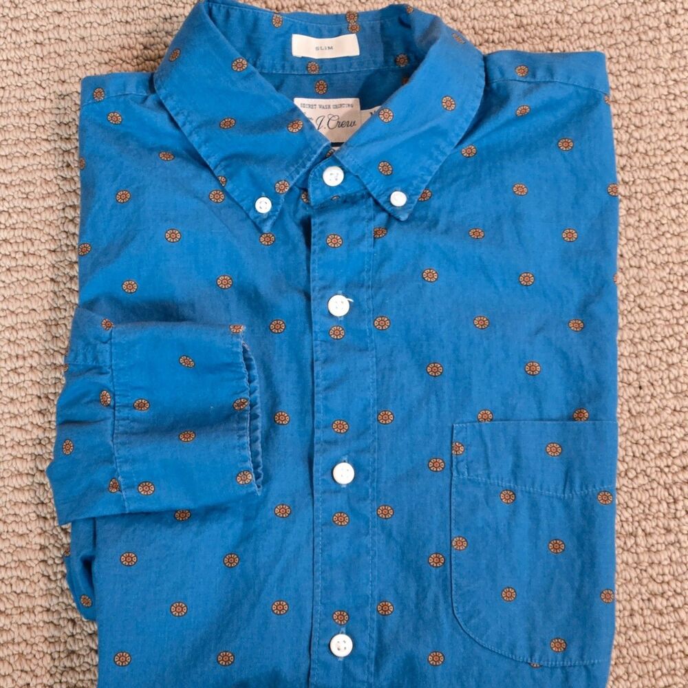J. CREW Mens M Secret Wash Cotton Shirt 100s 2-Ply Button Up Slim Blue Gold